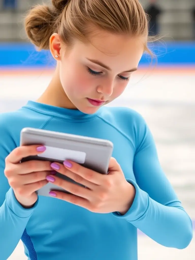 A skater using a tablet with the ChampionVerse app, highlighting the AI chatbot providing real-time feedback during a training session on the ice rink.
