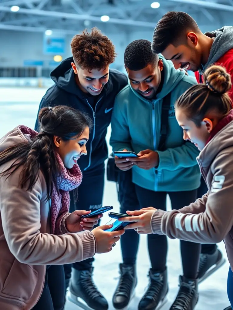A diverse group of skaters interacting with the ChampionVerse AI chatbot on their devices, showcasing the platform's accessibility and global reach within the figure skating community.