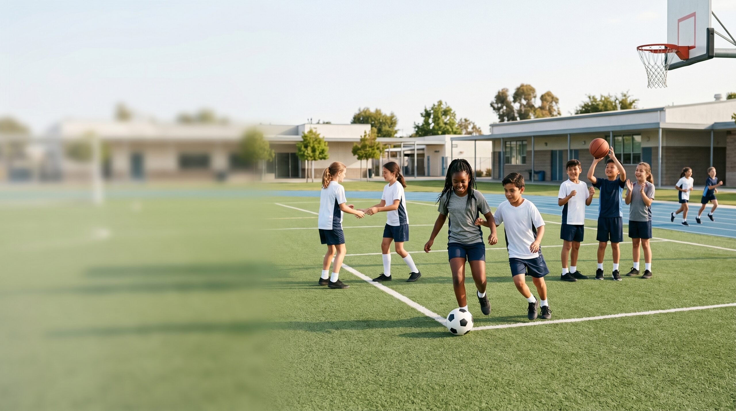 Children playing sports on a school field