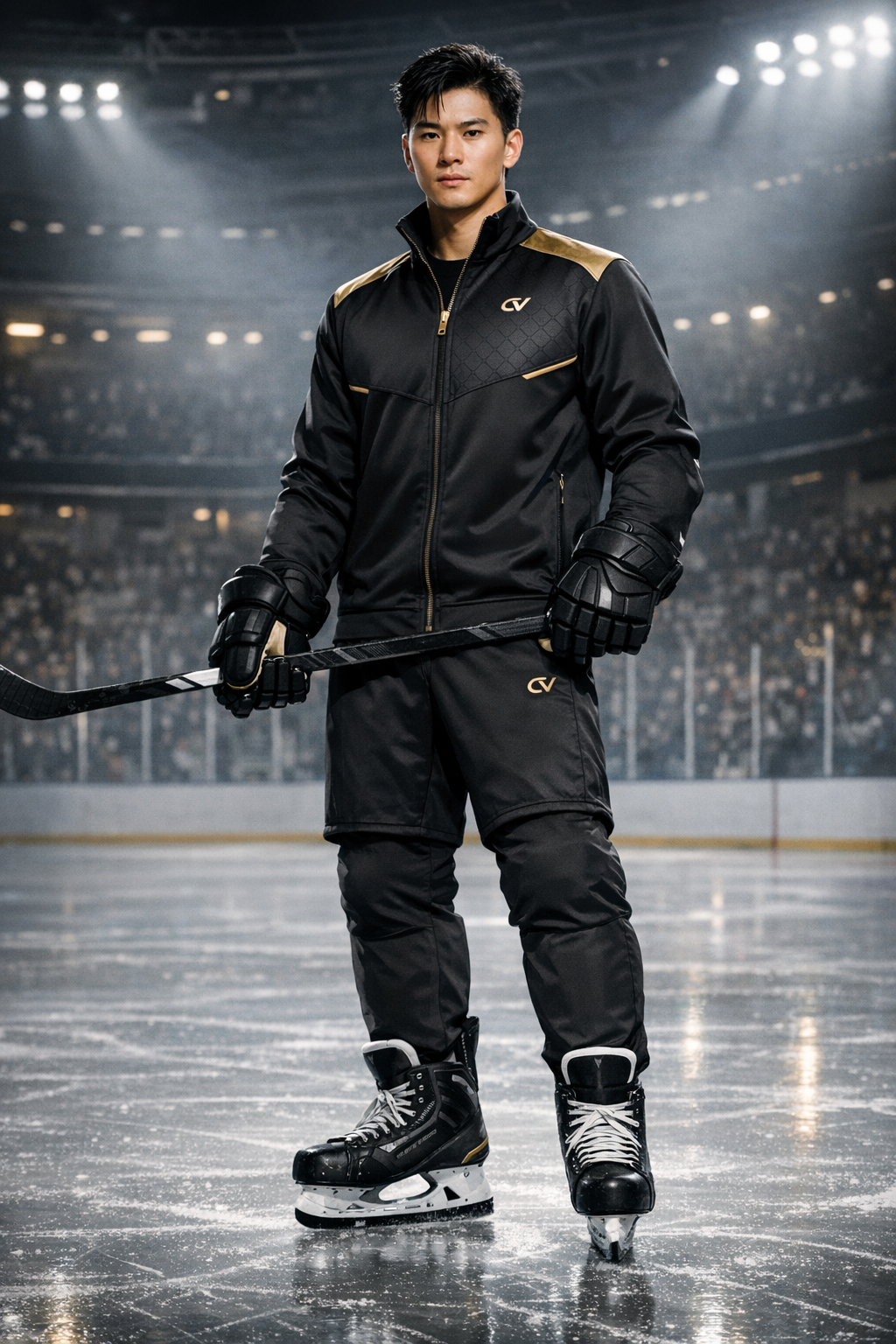 Asian hockey player wearing ChampionVerse black gold jacket and pants