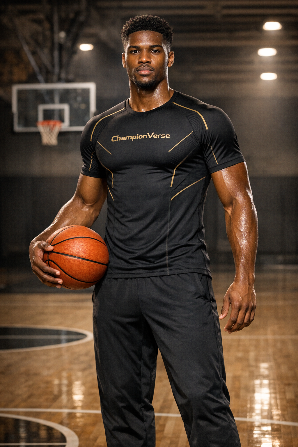 Black male basketball athlete wearing ChampionVerse premium compression gold training shirt