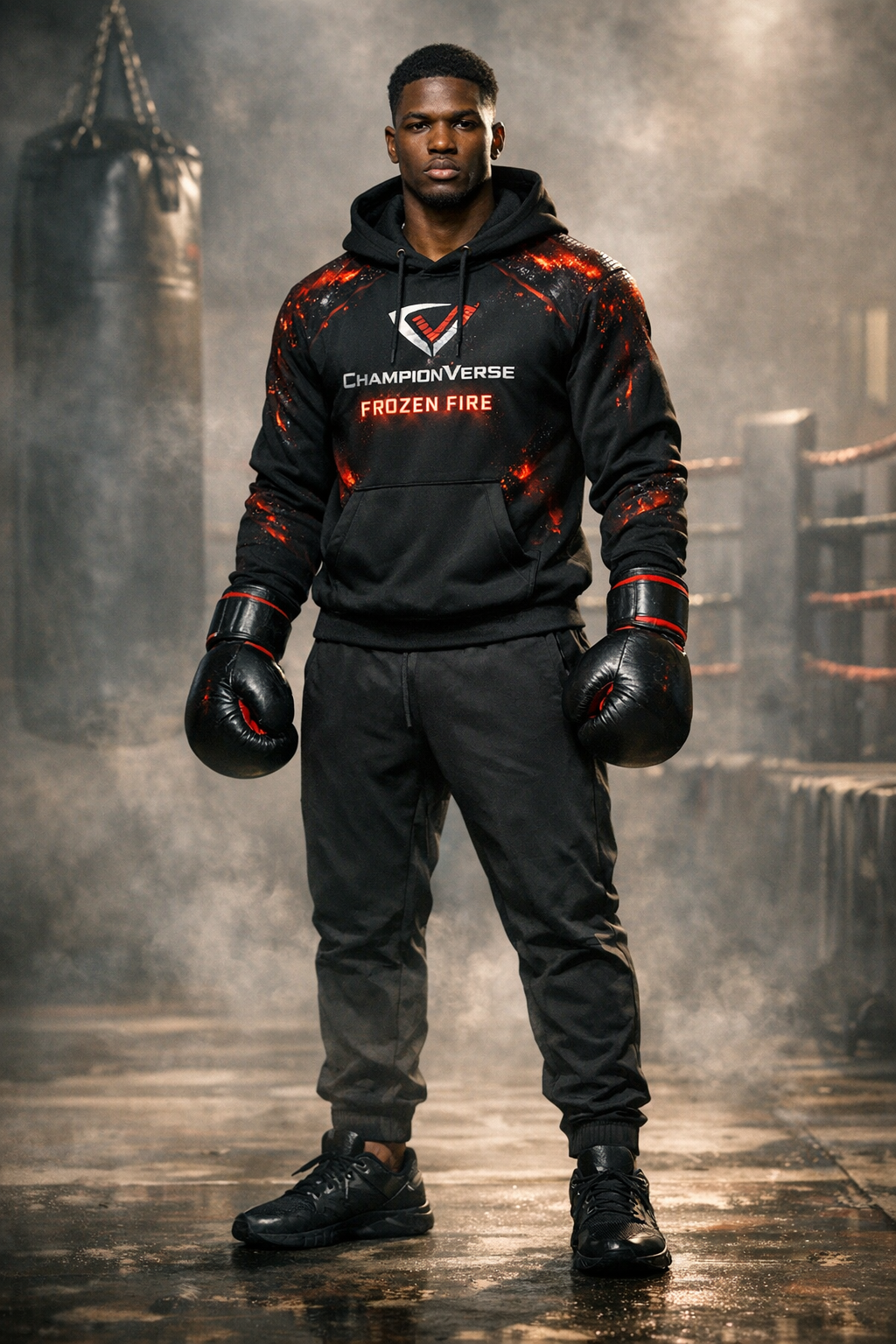 Black male boxer wearing ChampionVerse Frozen Fire hoodie