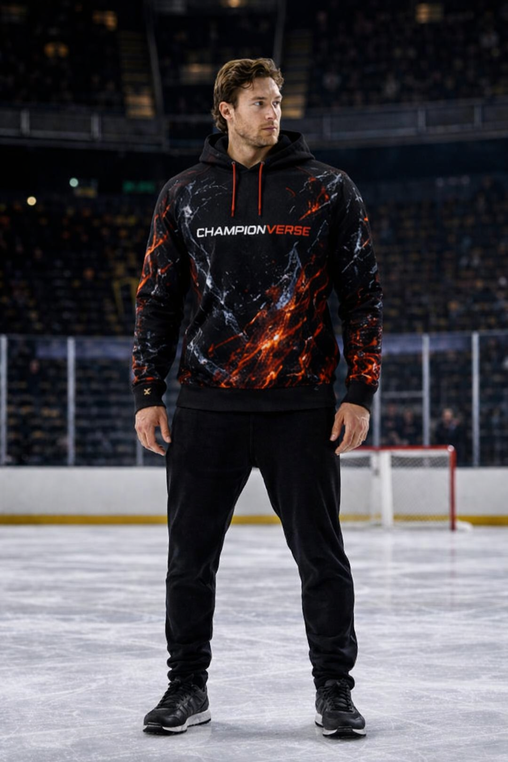 Hockey player wearing ChampionVerse Frozen Fire hoodie