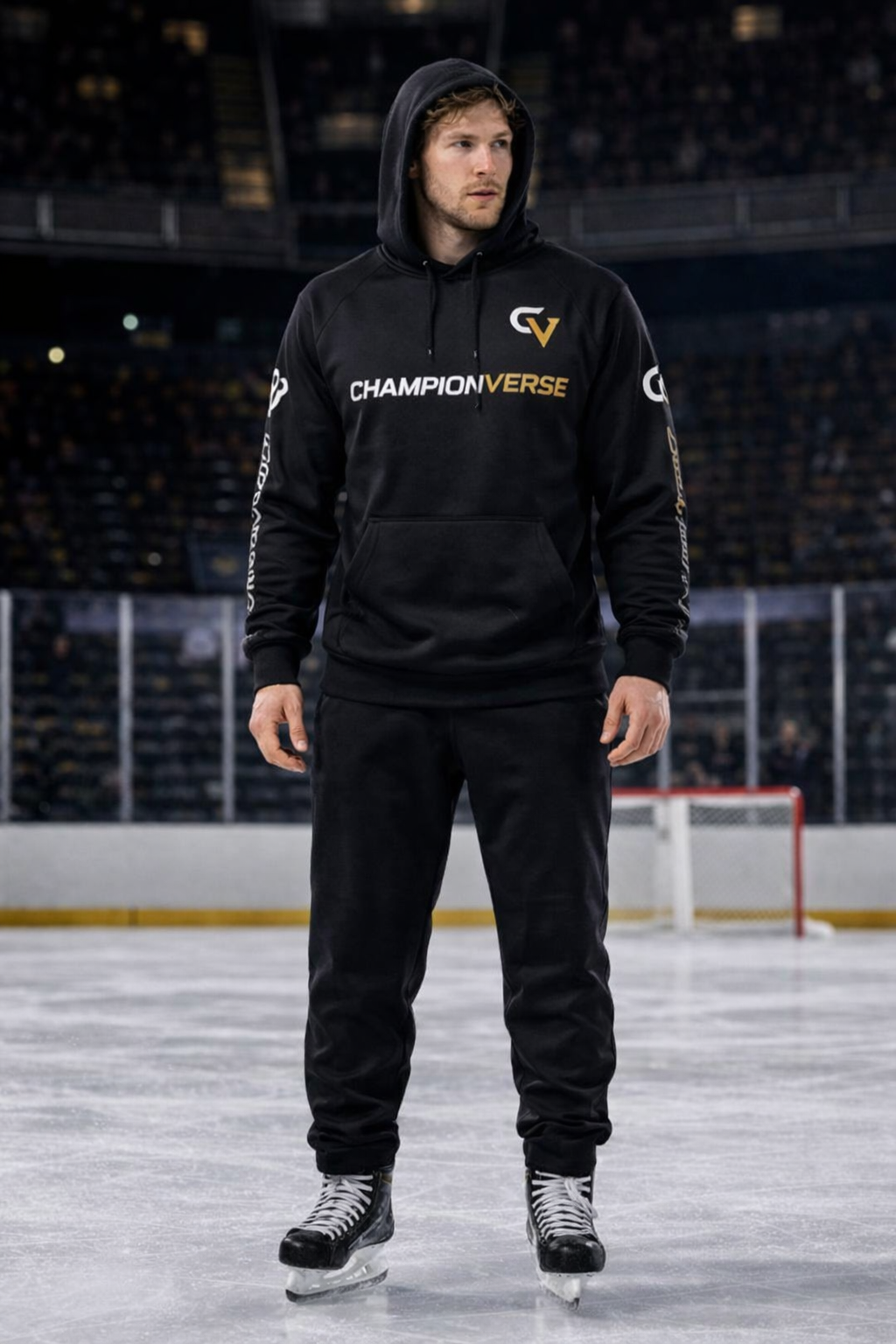 Female hockey player wearing ChampionVerse premium black hoodie on ice