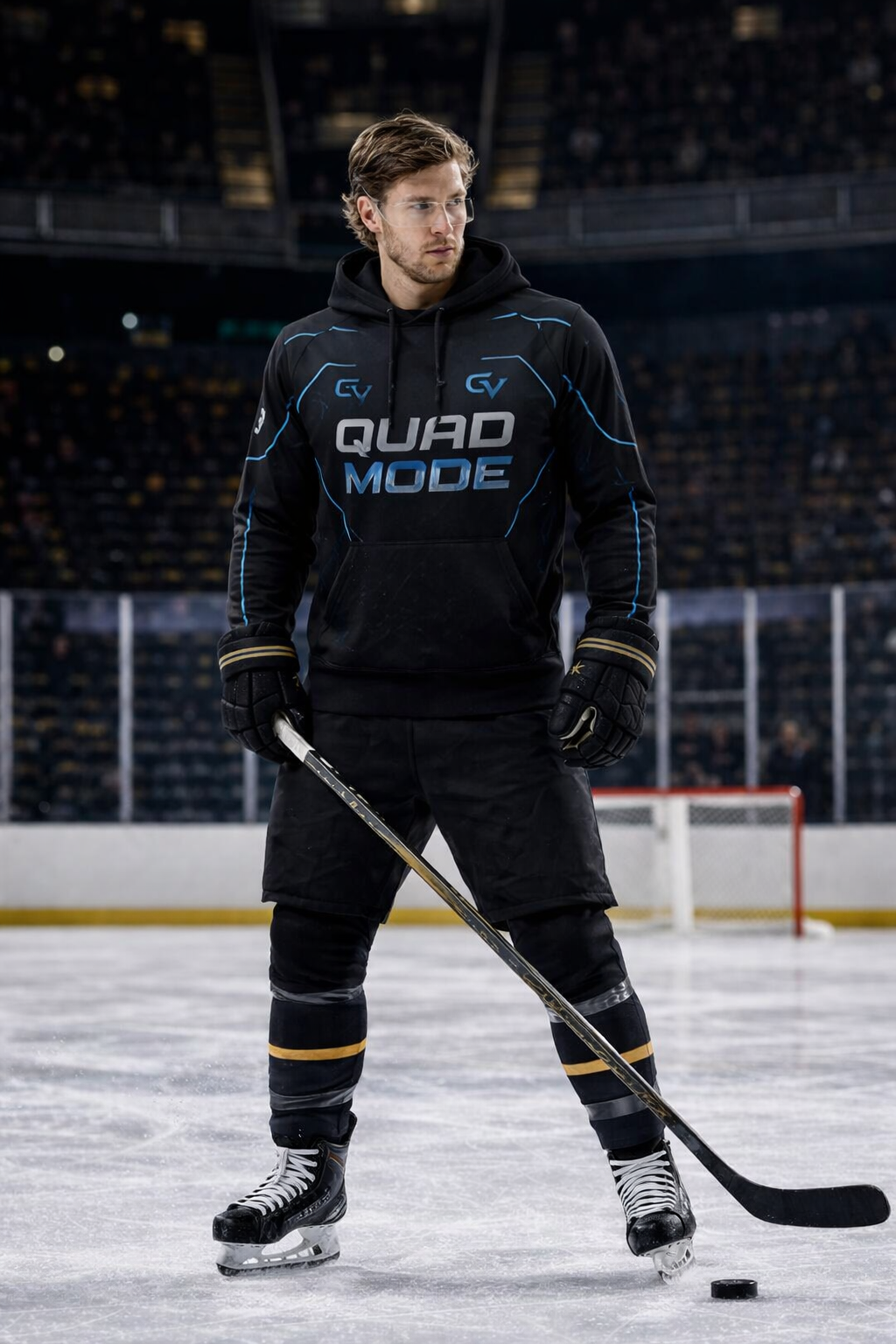 Hockey player wearing ChampionVerse Quad Mode hoodie