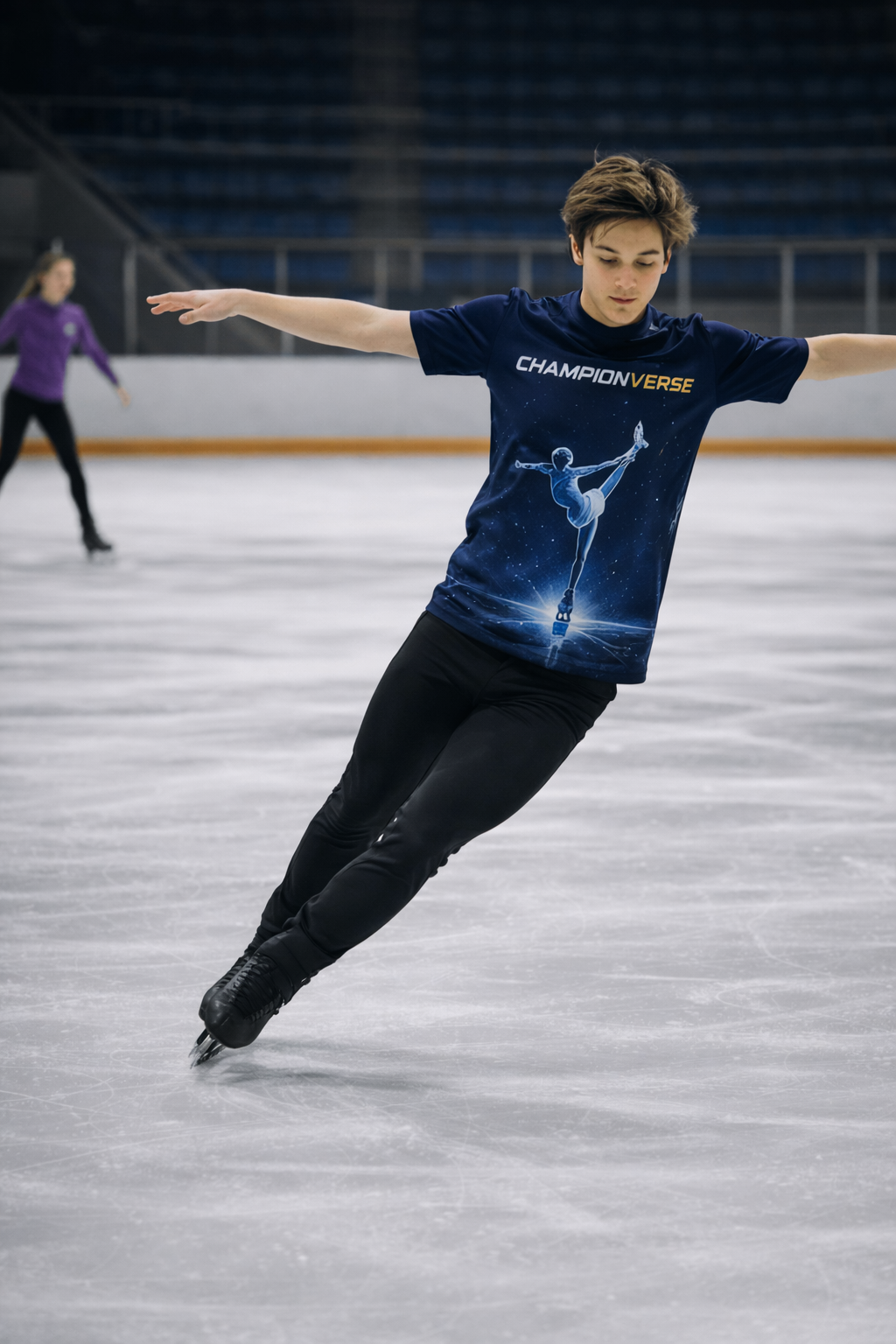Figure skater wearing ChampionVerse Beyond Gravity tee